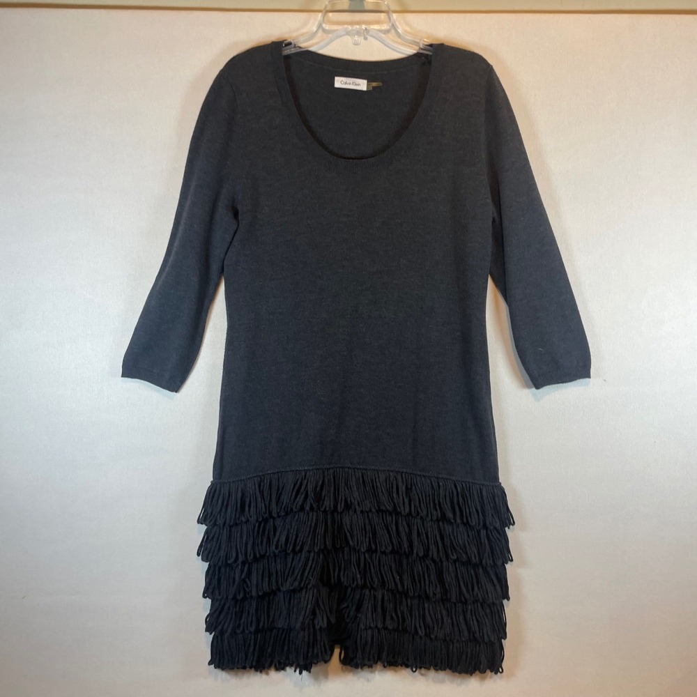Calvin‎ Klein Womens Charcoal Grey Fringe Tiered Hem Scoop Neck Sweater Dress L - Picture 2 of 7